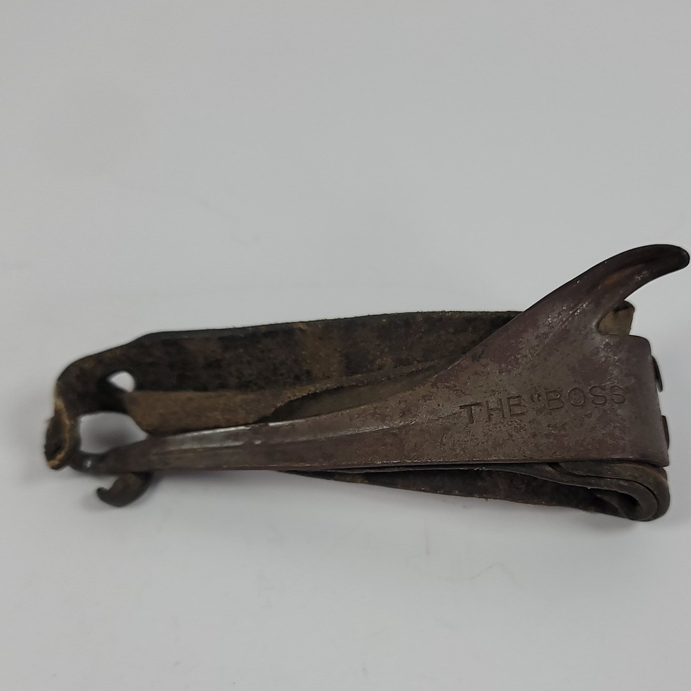 Vintage The Boss Corn Husker Antique Metal Leather Farm Tool Primitive Husker